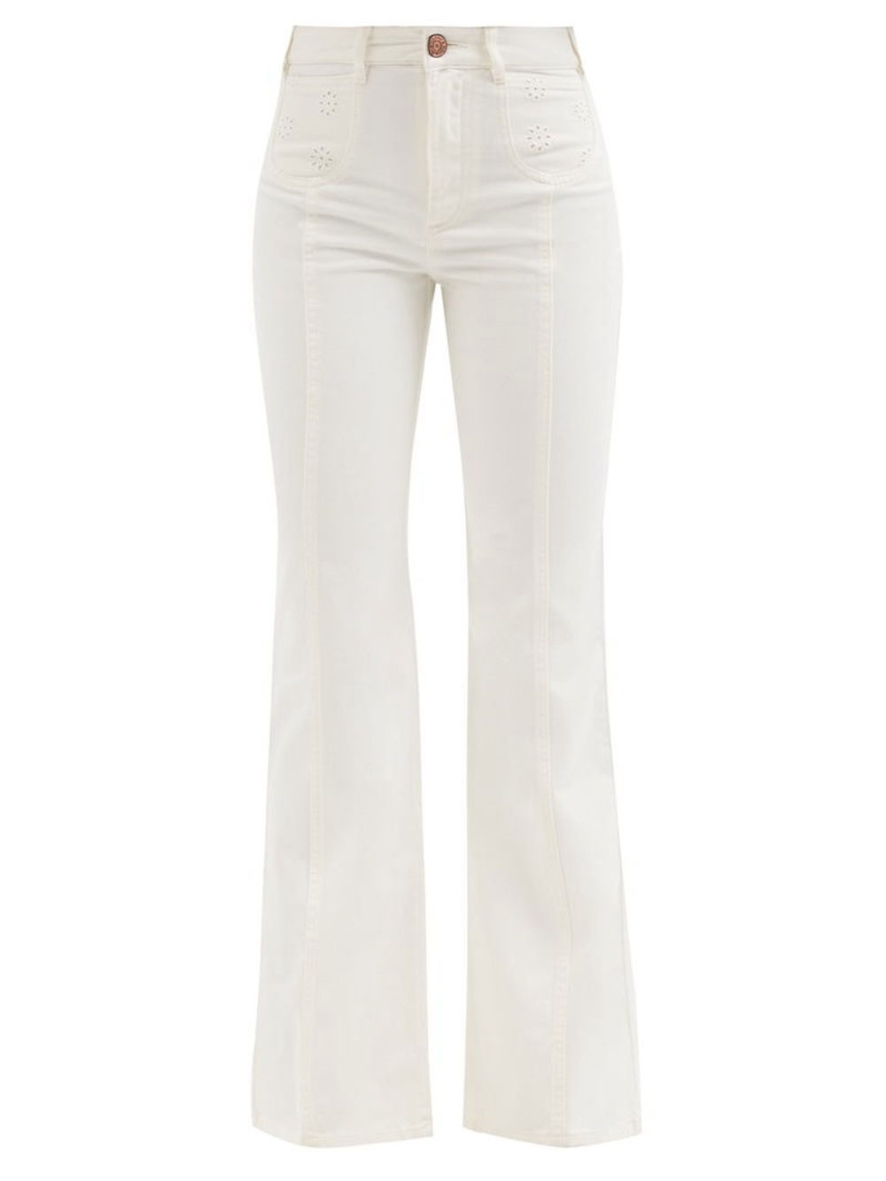 See by Chloé Broderie-Anglaise Floral Embroidered Bootcut Jeans in White